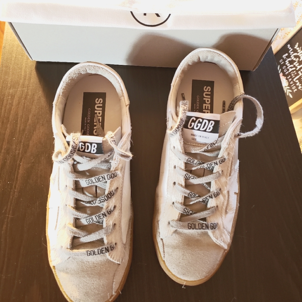 Golden GooseLow-Top Calf Hair-Trim Sneakers WHITE 